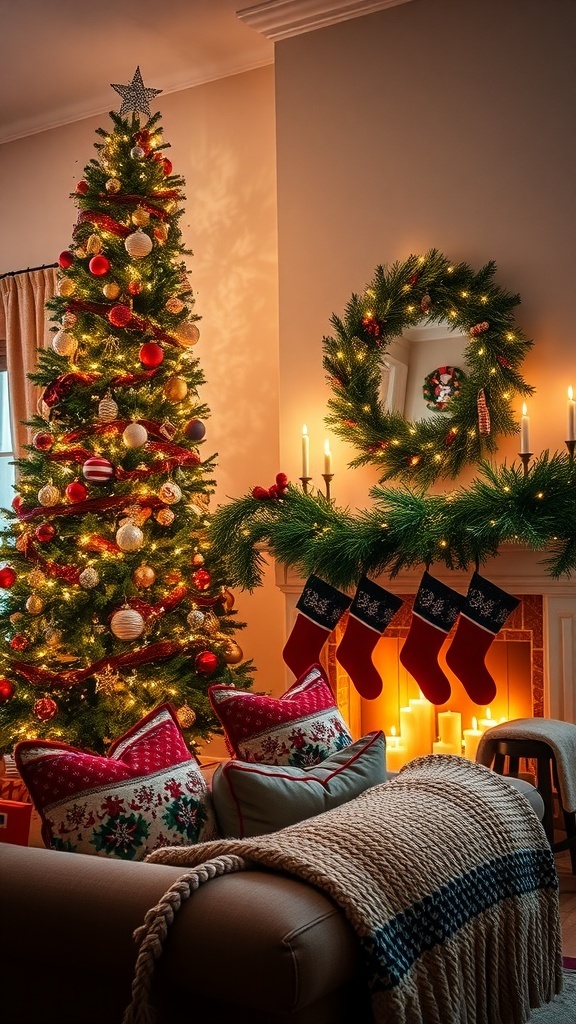 A festive living room decorated for Christmas with a tree, stockings, and cozy seating.